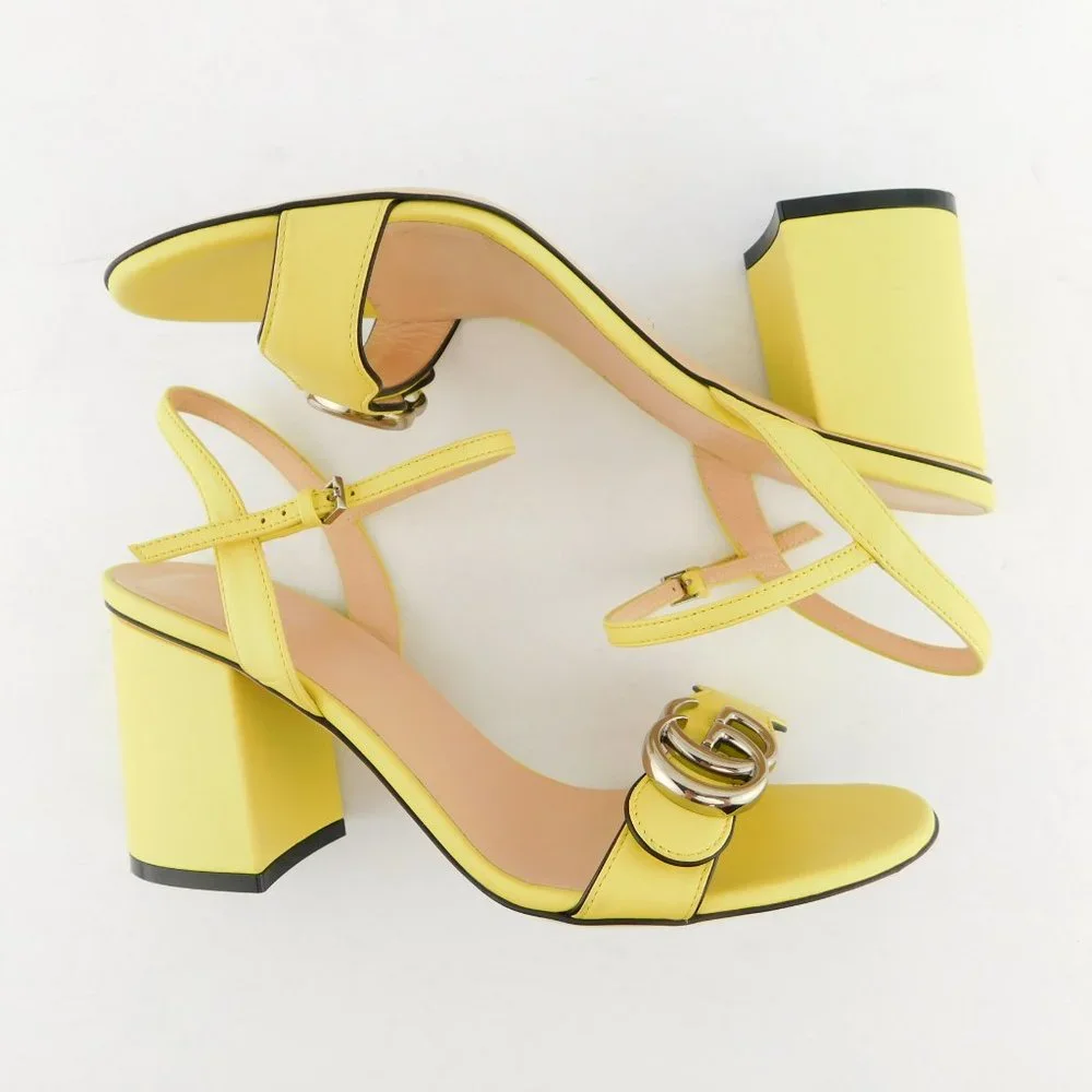 GUCCI GG Logo Sunflower Yellow Leather Ankle Strap Block Heel Sandals 38 - Picture 5 of 11